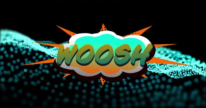 Animation of woosh text over blue dots on black background