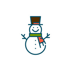Happy smiling snowman wearing a hat and a scarf. Pixel perfect, editable stroke colorful vector icon