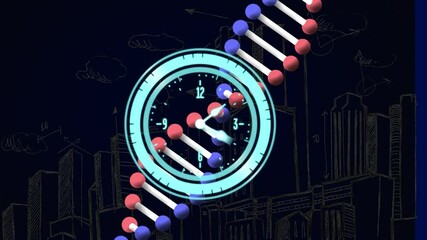 Animation of moving clock over dna strand and cityscape on black background - Powered by Adobe