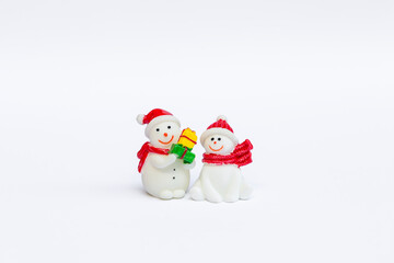 Cute two little snow man holding gift isolate on white background, Christmas concept background