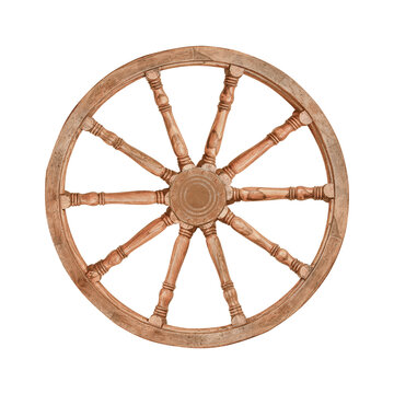 Old wooden grunge wagon wheel isolated on white background with clipping path