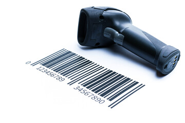 Barcode scanning. Reader laser scanner for warehouse. Retail label barcode scan isolated on white background. Warehouse inventory management.
