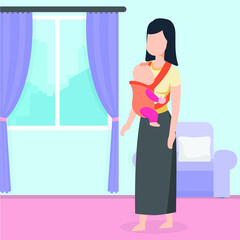 Mother carrying infant baby son in sling. Mom holding child. Vector colorful illustration