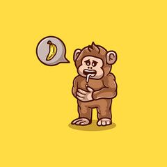 illustration of cute monkey who is hungry to eat banana