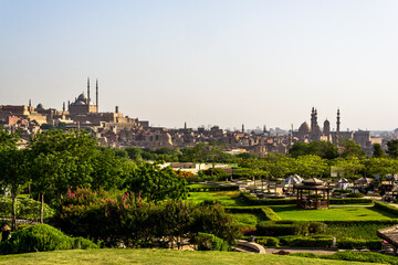 Panoramic view of the city of Cairo from Al-Azhar Park gardens. In the background, The Great Mosque of Muhammad Ali Pasha, a mosque situated in the Citadel of Cairo in Egypt