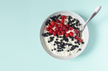 Cottage cheese with sour cream and berries in a blue plate on a light background. Healthy food berries and cottage cheese in a light plate top view
