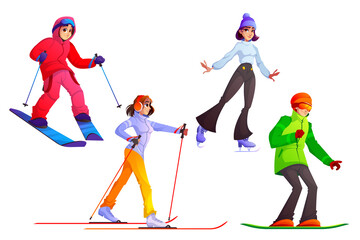 People with ski, snowboard and skates. Vector cartoon set of characters with winter sport equipment for riding on snow. Skier, snowboarder and skater isolated on white background