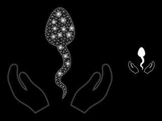 Glossy polygonal mesh web sperm care hands icon with glare effect on a black background. Network sperm care hands iconic vector with glitter spheres in majestic colors.