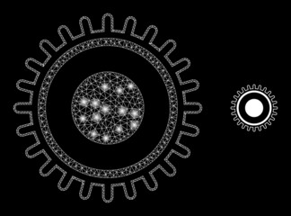 Fototapeta premium Glossy polygonal mesh web gear icon with glitter effect on a black background. Carcass gear iconic vector with illuminated spheres in bright colors. Abstract 2d mesh designed with polygonal grid,
