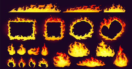 Cartoon fire frames and bonfire, rectangular, square, round and heart shaped burning borders with long red and yellow flame tongues on edges isolated blazing borders 2d elements, Vector icons set © klyaksun