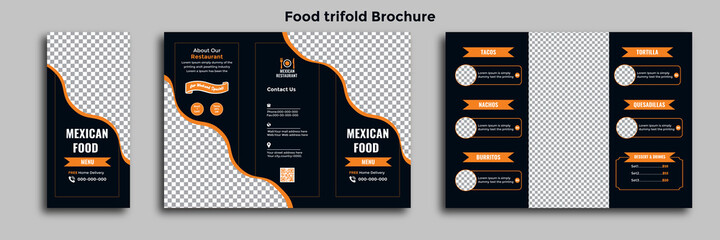 Trifold restaurant food delivery food menu pamphlet brochure design template. Vector trifold Fastfood healthy meal delicious food, dessert design in A4 size print-ready template.