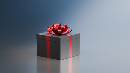 Black gift box with red ribbon, on blue gray background. Concept for holidays. 3D Rendering