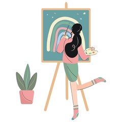 A girl artist paints a rainbow on an easel. Pretty brunette woman with a brush and palette is happy to write an abstract picture. Hand drawn cartoon vector illustration isolated on white background.