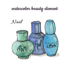Nail polish gel bottle watercolor drawing on white background. Violet and purple, green and blue colors