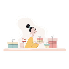 Happy smiling girl with gift boxes. Vector illustration.