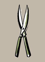 Garden scissors for knots with a long blade. Illustration in the style of a careless sketch. Vector on an isolated background.