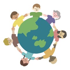 地球を囲んで手を繋ぐ人たちのイラスト