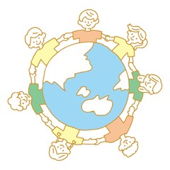 地球を囲んで手を繋ぐ人たちのイラスト
