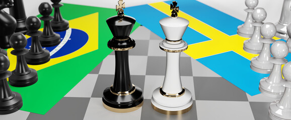 Brazil and Sweden - talks, debate, dialog or a confrontation between those two countries shown as two chess kings with flags that symbolize art of meetings and negotiations, 3d illustration