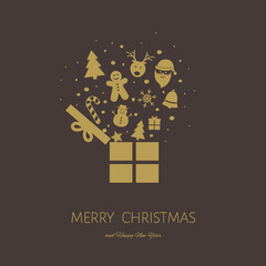 Christmas greeting card with a box full of gifts. Xmas ornament. Vector