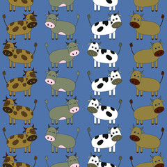 Pattern with painted colorful cows. Can be used for wallpaper, textiles, packaging, cards, covers. Small cute animal on a blue  background.