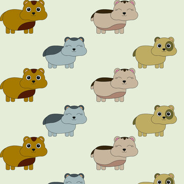 Pattern with painted colorful hamsters. Can be used for wallpaper, textiles, packaging, cards, covers. Small cute animal on a beige  background.