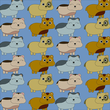 Pattern with painted colorful hamsters. Can be used for wallpaper, textiles, packaging, cards, covers. Small cute animal on a blue background.