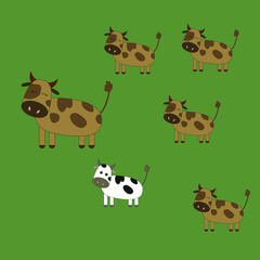 Cute animals cows happy family, with father and children, daughters and son on green isolated background, vector illustration.