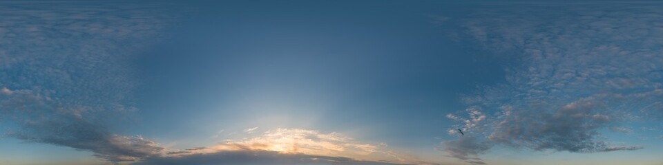 Dark blue sunset sky pano with Cirrus clouds. Seamless hdr panorama in spherical equirectangular format. Complete zenith for 3D visualization, game and sky replacement for aerial drone 360 panoramas.
