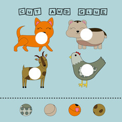 worksheet vector design, the task is to cut and glue a piece on colorful   dog,hamster, goat,chicken. Logic game for children.