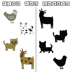 Find a pair or shadow  game with funny chicken, dog, cat, goat.  Worksheet for preschool kids, kids activity sheet, printable worksheet 
