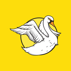Illustration of a white swan flapping its wings on a yellow background