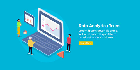 Team of data analyst monitoring business analytics, data monitoring, statistics and information technology isometric design concept, web banner template.