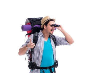 Backpacker with large backpack isolated on white