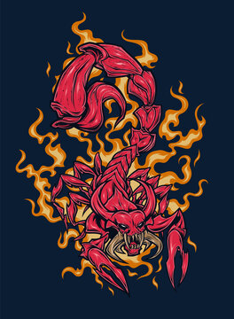 Red demonic scorpion on the flame background vector illustration.