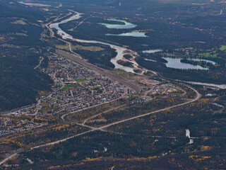Aerial view of town Jasper, Alberta, Canada, a popular tourist destination in the Rocky Mountains,...