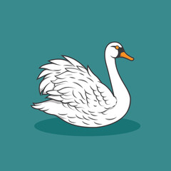 Illustration of white swan swimming alone on turquoise green background