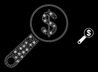 Glossy polygonal mesh web financial audit icon with glare effect on a black background. Network financial audit iconic vector with glamour points in majestic colors.