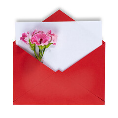 Envelope with blank sheet and bright flower, concept of congratulations on the holiday, Valentines day or Christmas or mothers day, top view, place for text, copy space.