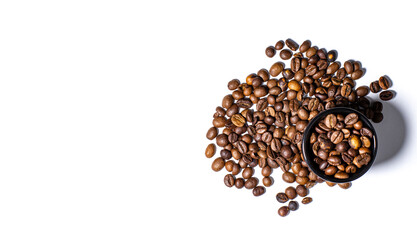 Coffee grains in a cup close-up on white, top view, selective focus, place for text, copy space.