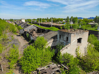 Fototapeta na wymiar Aerial view of destroyed warehouses near the railway (Orichi, Kirov region, Russia)