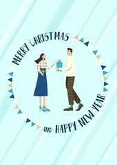 Christmas card where a couple in love exchanges gifts for the holiday. Vector illustration in retro style. New Year's and Christmas. Design elements for web and print.