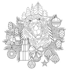 Contour linear illustration for coloring book with decorative tiger head. New year symbol with Christmas decor. Line art design for adult or kids in zen-tangle style, tattoo and coloring page.