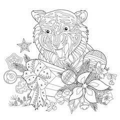 Contour linear illustration for coloring book with decorative tiger head. New year symbol with Christmas decor. Line art design for adult or kids in zen-tangle style, tattoo and coloring page.