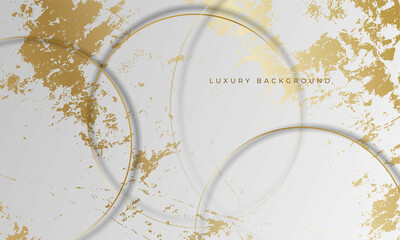 Abstract luxury circle shape design on white background with gold lines and grunge marble texture.