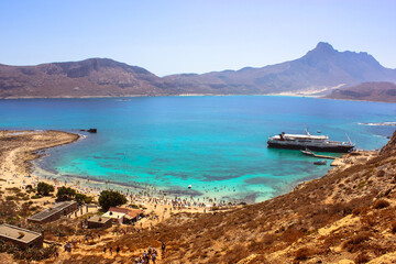 Balos Island Crete, Greece. May 1, 2015. Sea voyage on a sightseeing touristic ship. Amazing view from the mountain on blue water of Mediterranean Sea. Natural landscape. Gramvousa lagoon scenic view