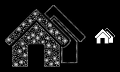 Glossy polygonal mesh web houses icon with glare effect on a black background. Carcass houses iconic vector with illuminated spheres in stardust colors. Abstract flat mesh created from polygonal grid,