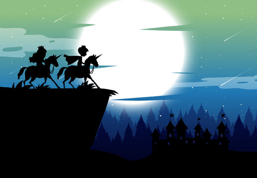 Silhouette prince and princess with full moon background