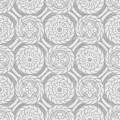 Abstract ornamental geometric seamless pattern with pencil drawing gray contours of flowers and circles on textured white background. Template for textile, wallpaper, wrapping, carton, ceramics.