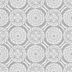 Abstract ornamental geometric seamless pattern with pencil drawing gray contours of flowers and circles on textured white background. Template for textile, wallpaper, wrapping, carton, ceramics.